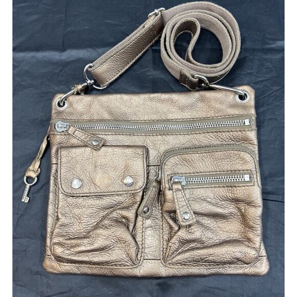 Fossil Pebble Grain Leather Crossbody Handbag Purse Bronze Metallic Pockets - Picture 3 of 14